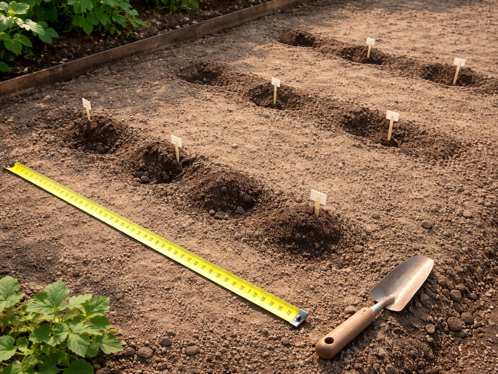 Garden bed showing three tuber rows with a tape measure for spacing and orientation comparison.