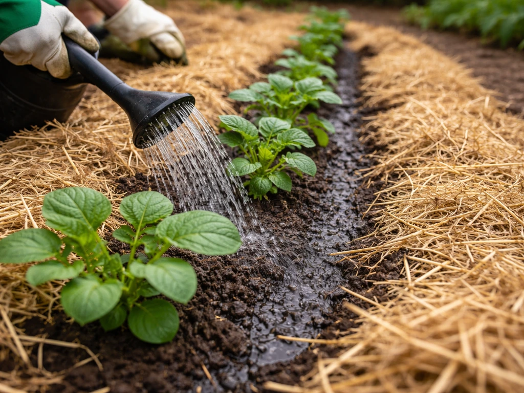 Soaker hose watering a potato row beneath straw mulch, with visibly damp soil at the base.