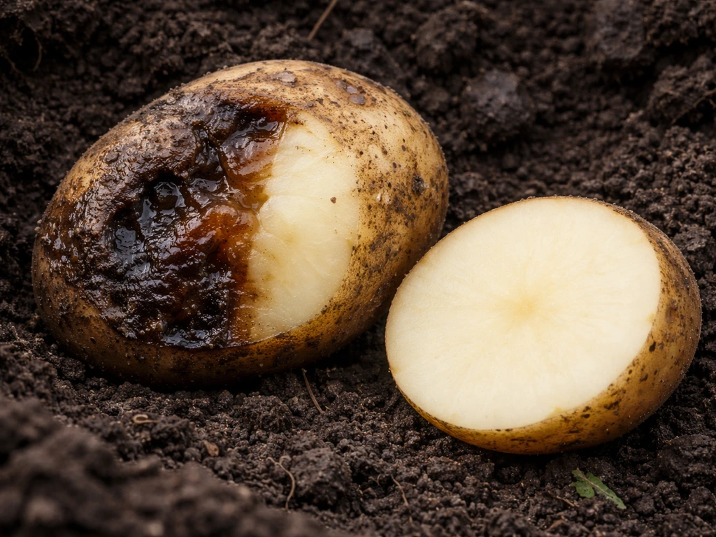 Close-up of a damp potato tuber showing dark soft rot next to firm healthy flesh and a cut cross-section.