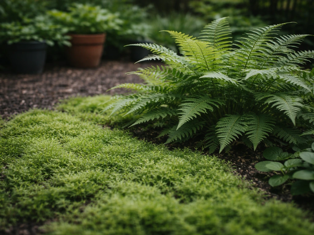 Dense green ferns and moss-like ground cover with no visible blooms in soft natural light.