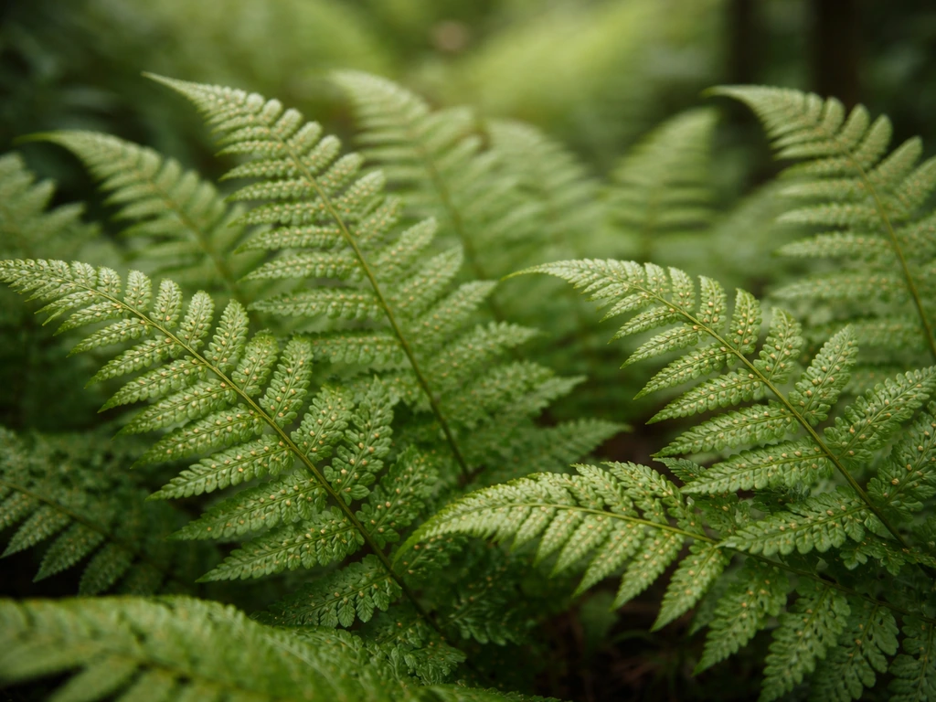 Close-up of ferns with textured fronds and tiny spore structures at the tips
