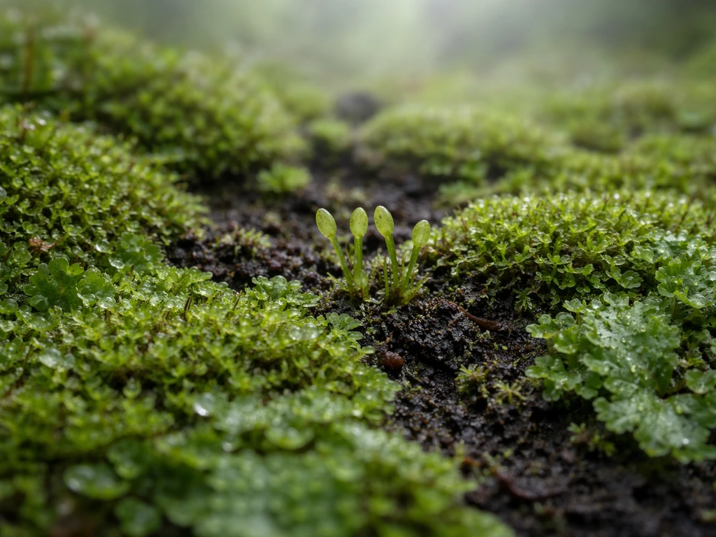Wet moss and liverwort ground cover with tiny sprouts, damp soil texture, and water droplets in low light.