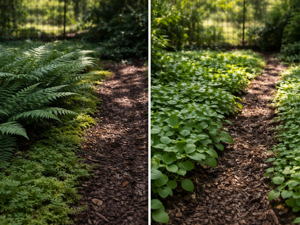 Two adjacent planting beds showing shade-friendly ferns vs a sunnier leafy patch under natural light.