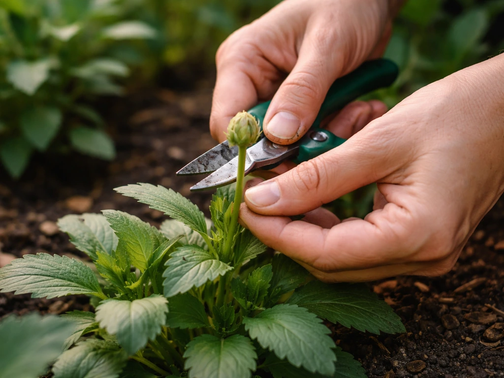 Gardener’s hands using pruning shears to remove a developing flower stalk from a green plant.