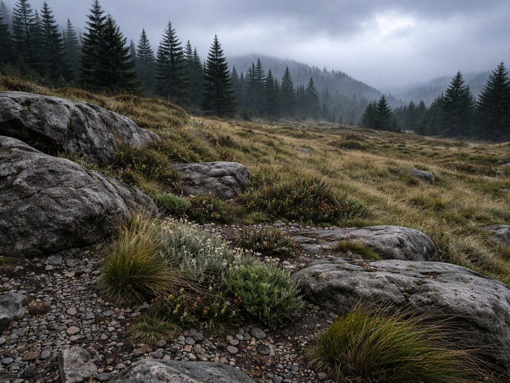 Wind-swept rocky highland garden with hardy plants, conifer ridgeline, and cold meadow under gray sky.