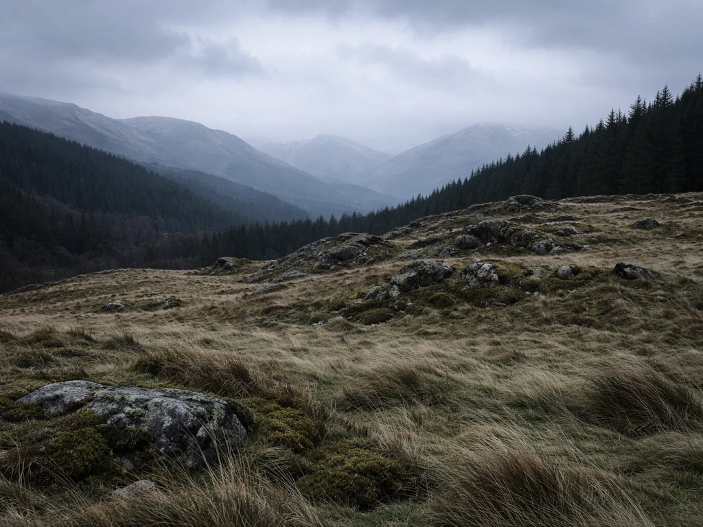 Cold windswept highland meadow with rocky outcrops and conifer-edged ridgelines under overcast skies.