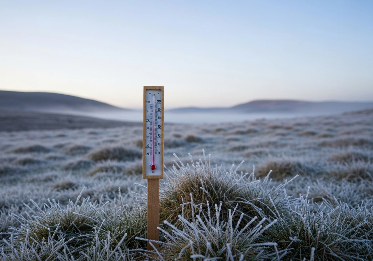 Frosty highland meadow with a thermometer in the grass, evoking winter cold and frost risk.