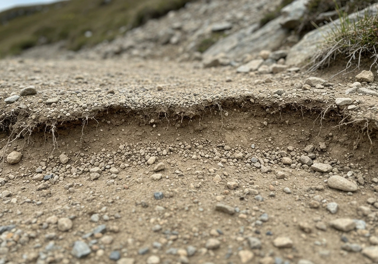 Close-up of rocky highland soil showing shallow gravel layer and fast-draining substrate