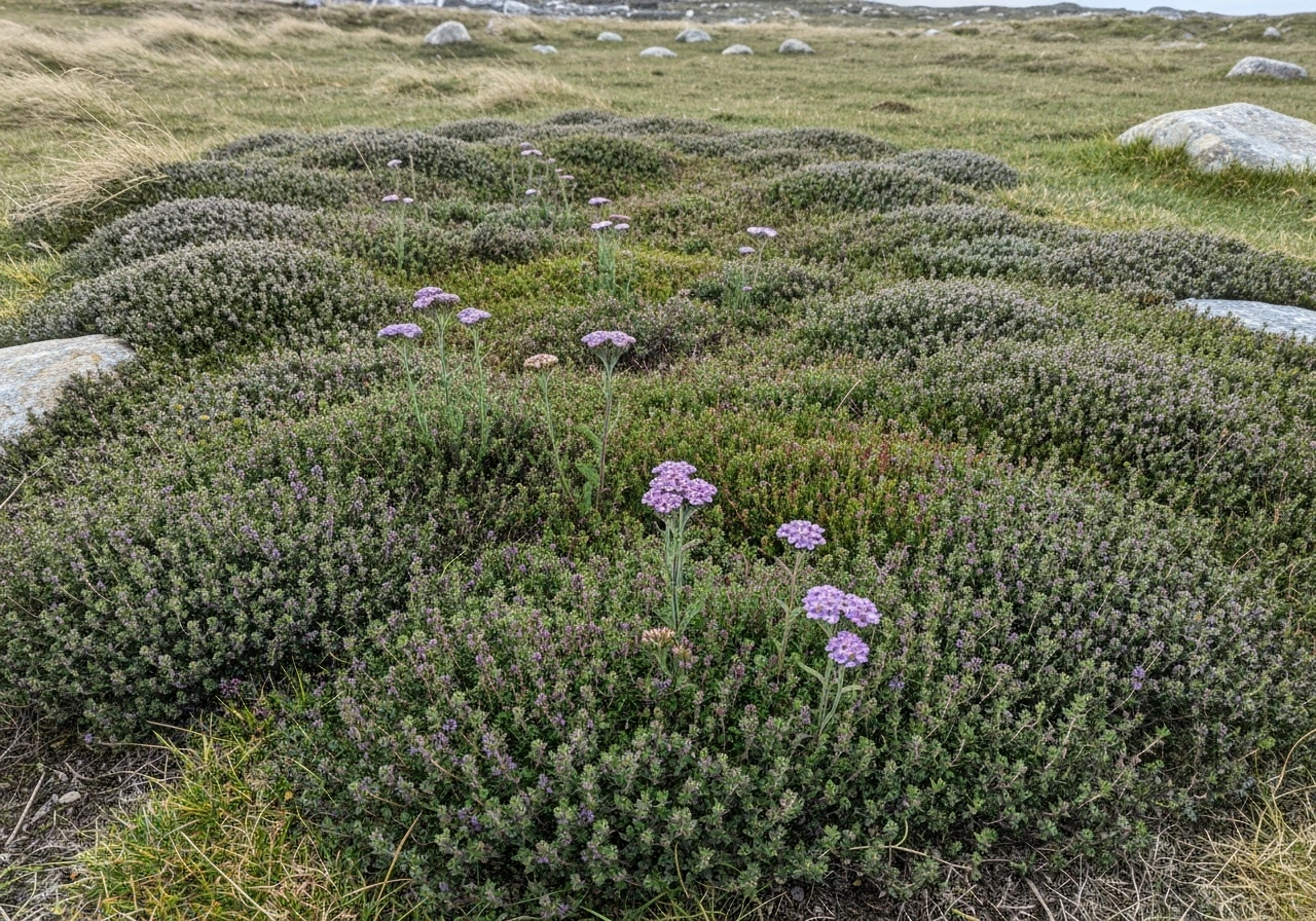 Close view of creeping thyme and yarrow forming a low groundcover in a cold, exposed garden area.