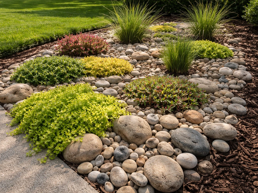 River rock garden bed with mixed groundcover, sedum, and tufts of grass thriving among stones.