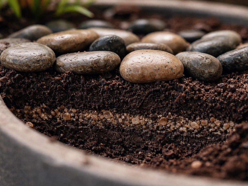 Close-up of soil under river rocks, showing top-dressing layering in a shallow planting bed.