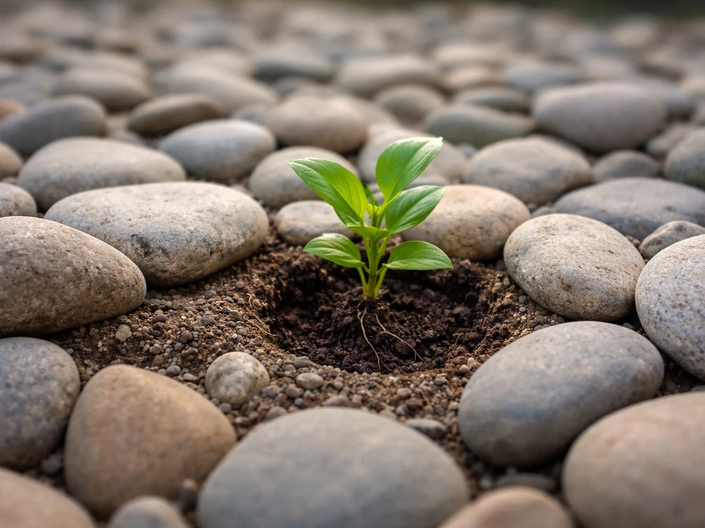 Close-up of a small plant set in a river rock bed with limited soil under stones.