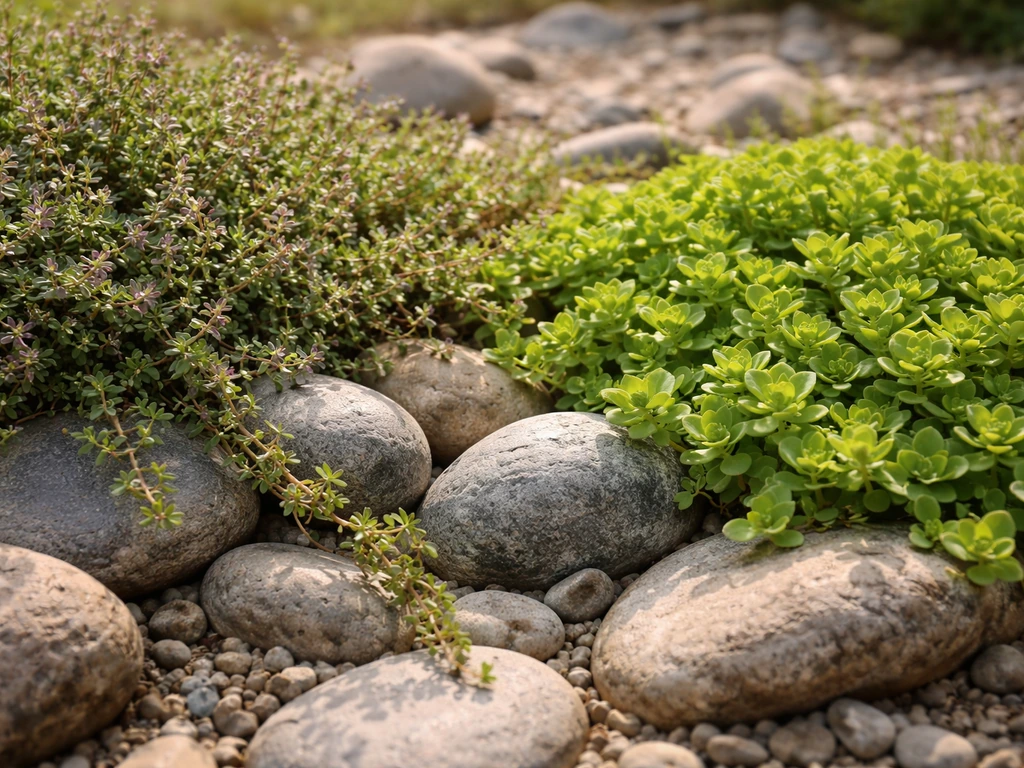 Close-up of creeping thyme and sedum spilling over river rocks in a dry, sunlit bed.