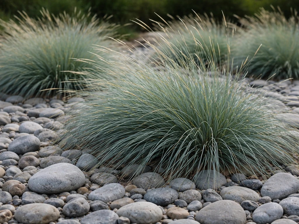 Blue oat grass clumps swaying among river rocks in a simple landscape bed.