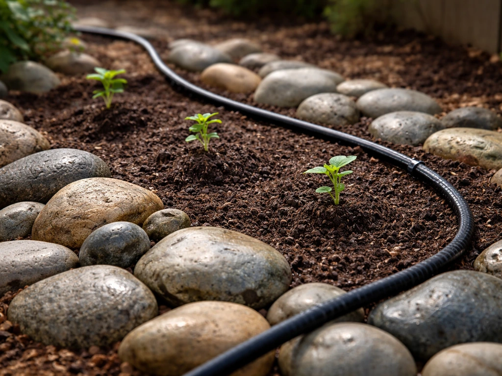 Soaker hose and drip tubing watering new seedlings in a river rock garden bed in early season care.