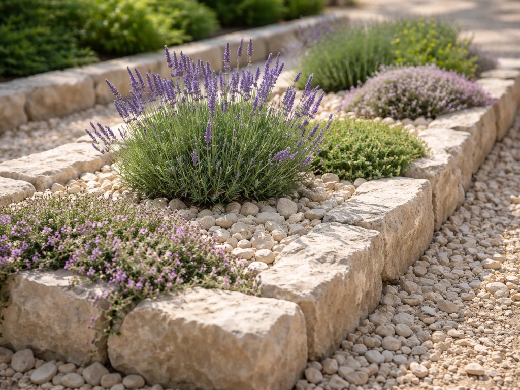 Sunny garden bed with limestone mulch and thriving lavender and creeping thyme in alkaline soil.