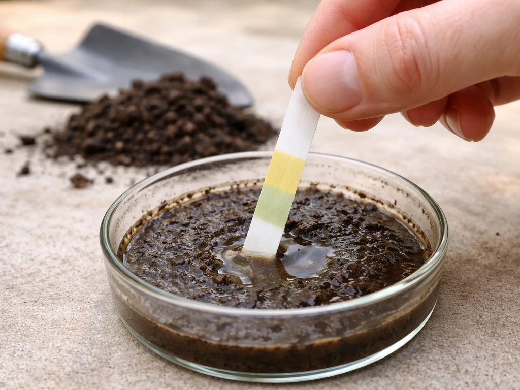 Close-up of pH test strip dipped in moist soil slurry in a glass dish, showing an alkaline color change.