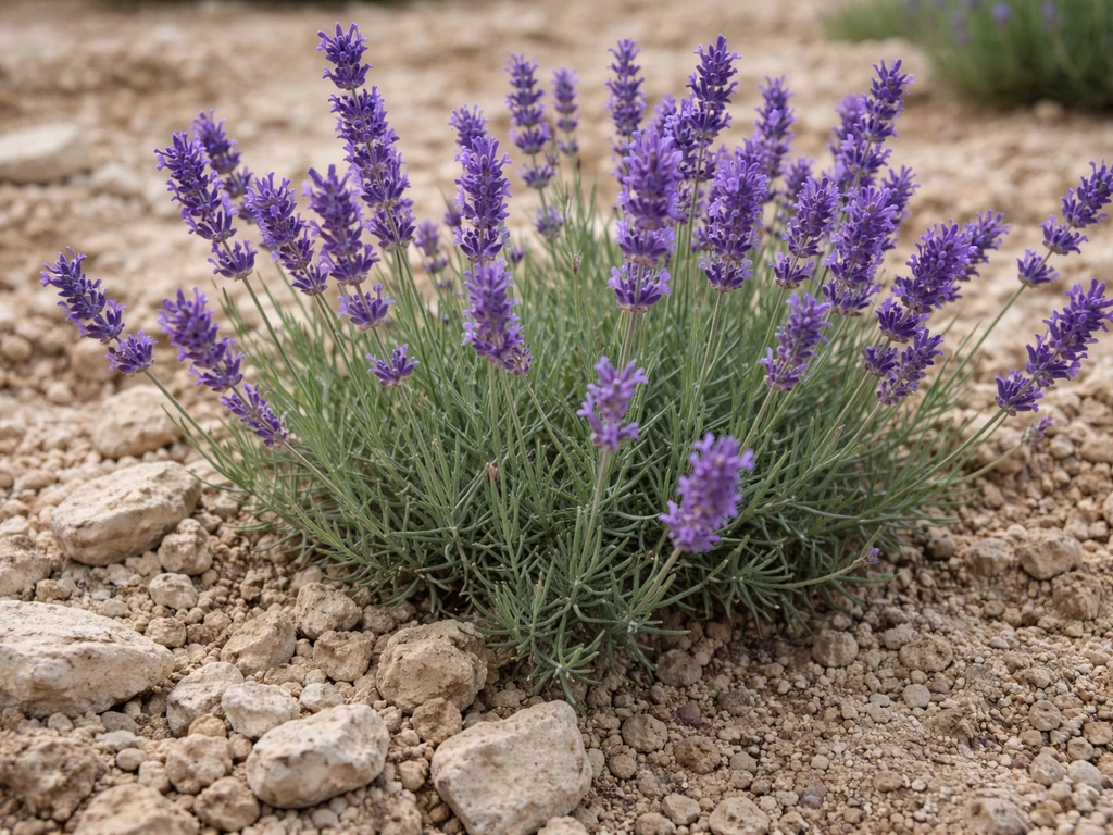 Lavender plants growing in pale limestone-rich, well-drained soil with gravel and purple flower spikes.