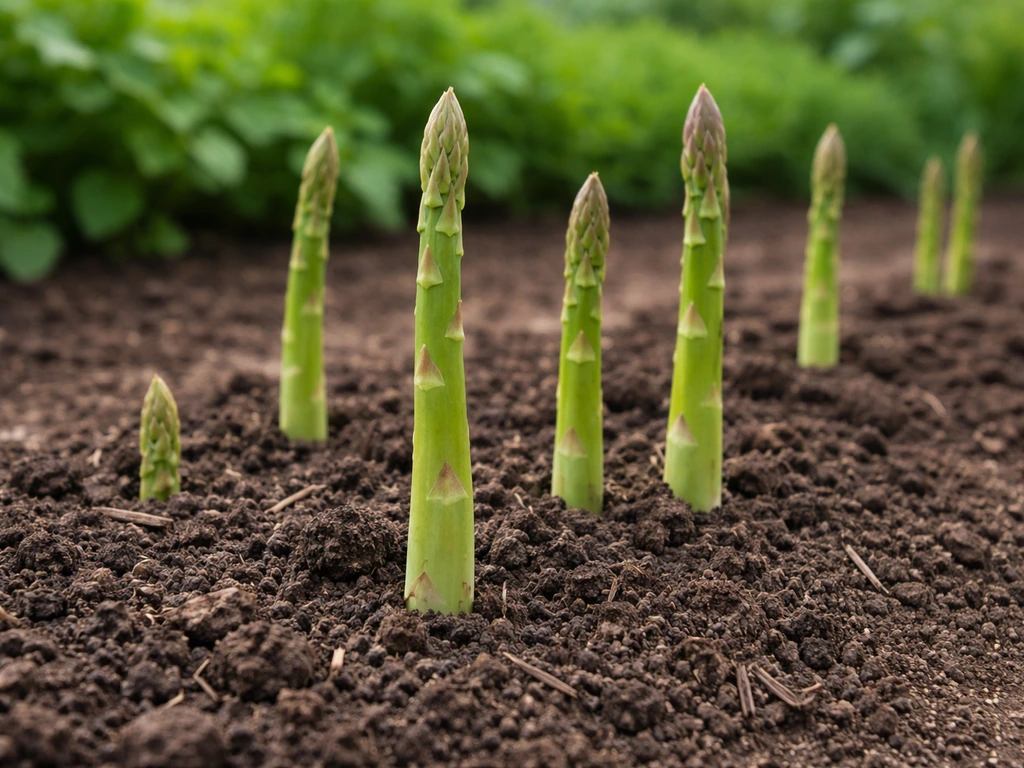 Healthy green asparagus spears growing in dark soil in a simple garden bed