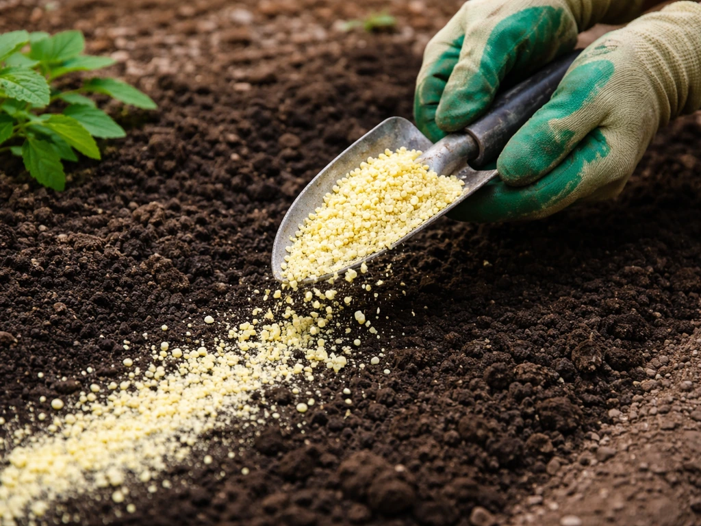 Gloved hands using a shovel to spread elemental sulfur granules near garden plants