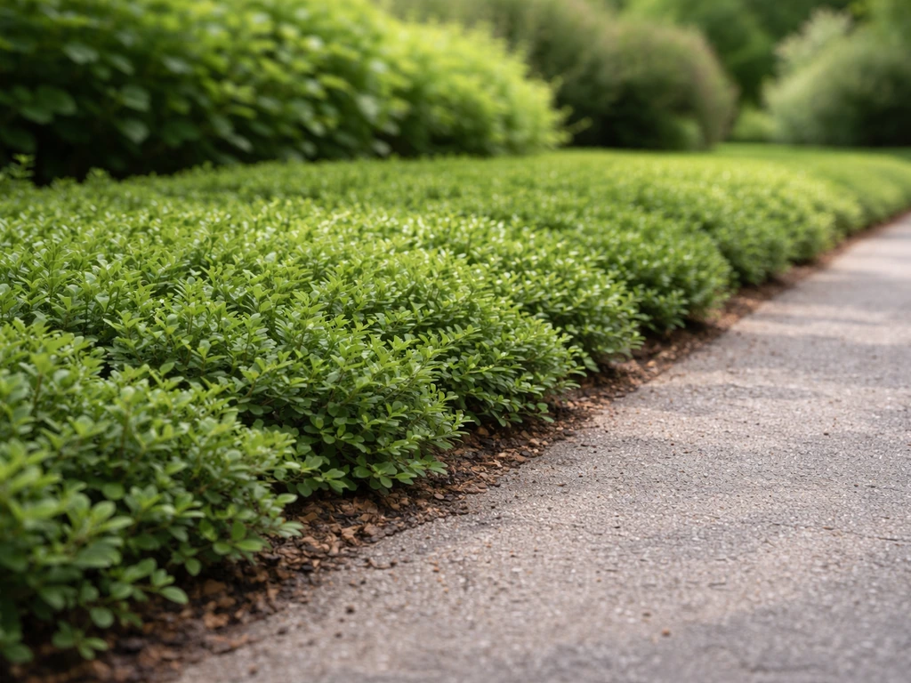 Low dense groundcover plants form a border, all clearly staying under one foot tall.