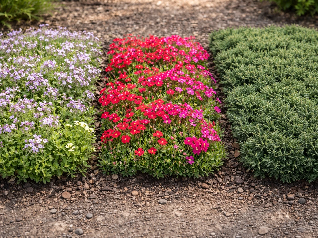 Three small garden patches showing cool-, warm-season blooms, and an evergreen groundcover in one minimal collage.