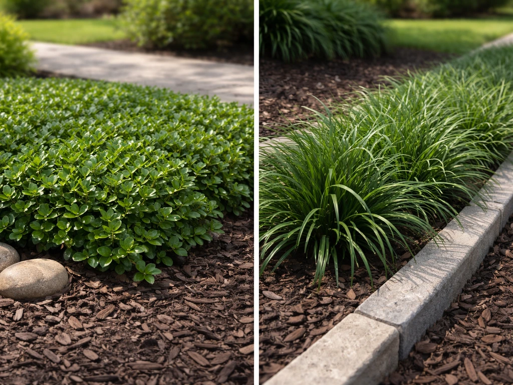 Two compact warm-climate plants—Asiatic jasmine vine and mondo grass edging—side by side in a home garden bed.