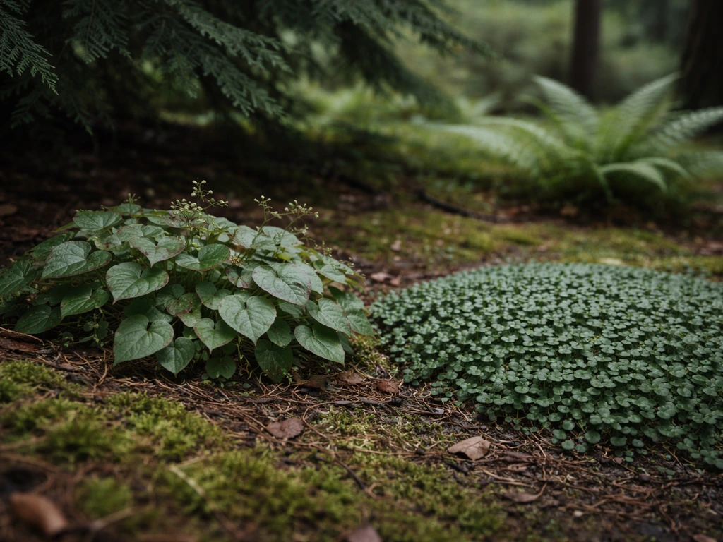 Low mound Epimedium and small round Brass buttons carpeting mossy soil under conifers in cool shade.