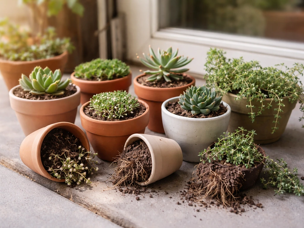 Multiple low-height plants in small containers on a patio, showing compact root and soil volume limits.