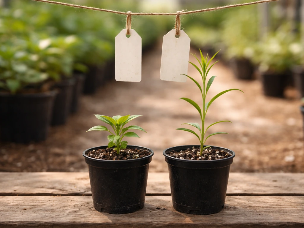 Plant nursery bench with two similar-looking seedlings, one stretching taller, beside mismatched hanging plant tags
