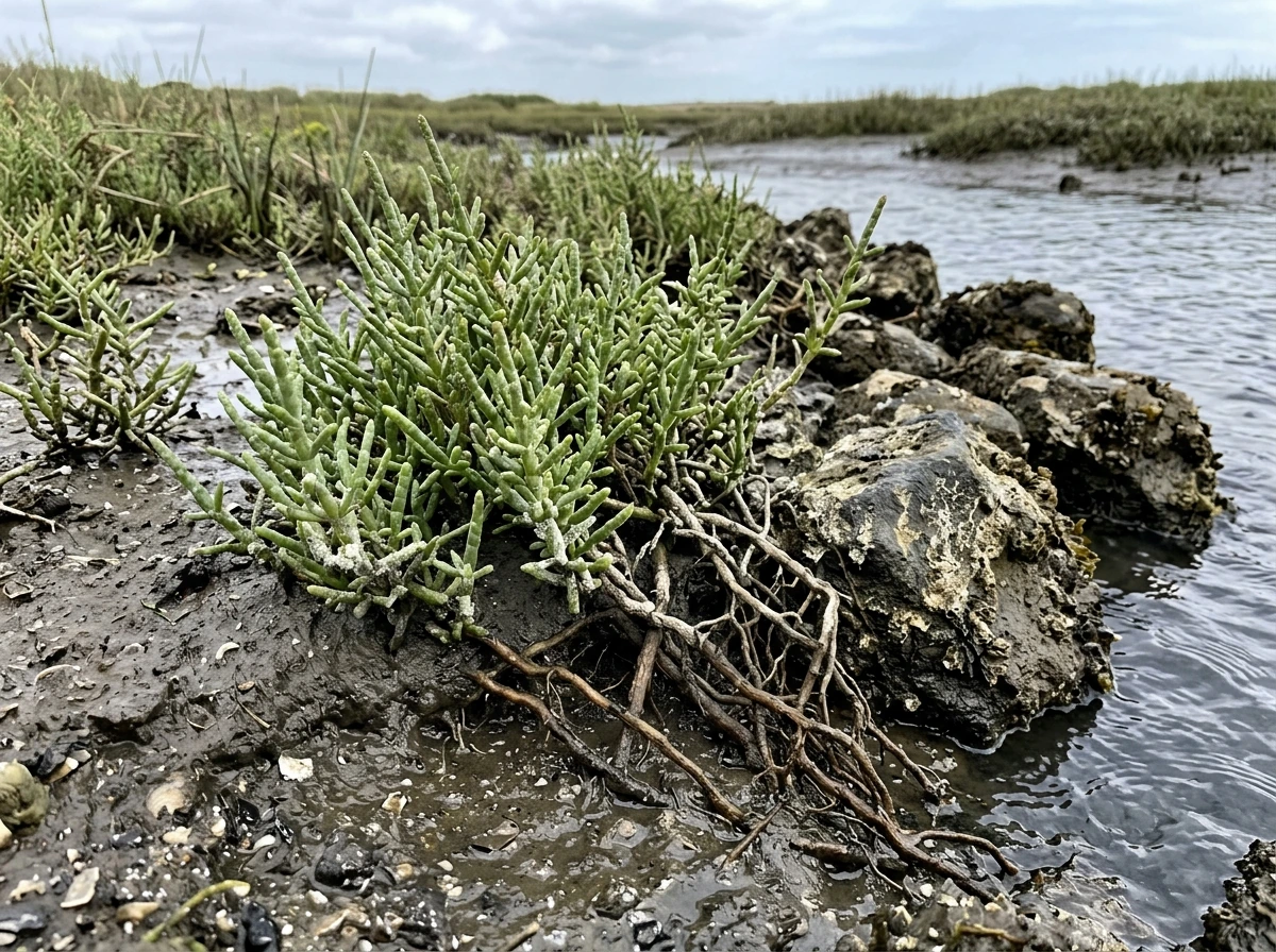 Salty-edge plants: halophyte clumps thriving near a salt marsh
