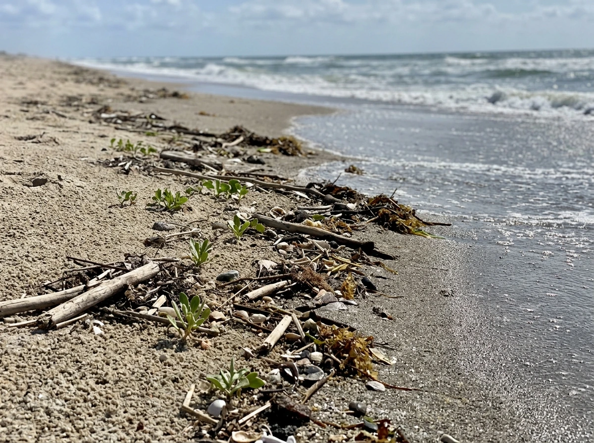 Coastal strand along the high tide line with hardy beach plants