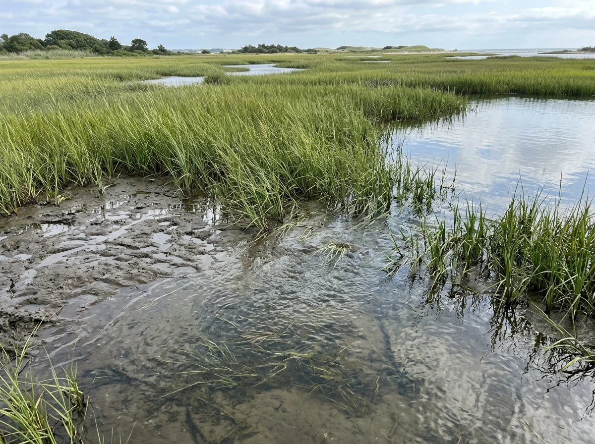 Salt marsh tidal flooding in the upper intertidal zone with cordgrass-like plants