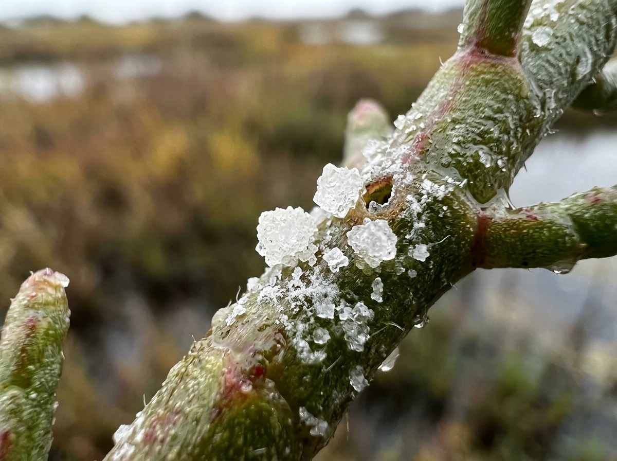 Close-up of salt glands excreting brine on a halophyte leaf (salt residue)