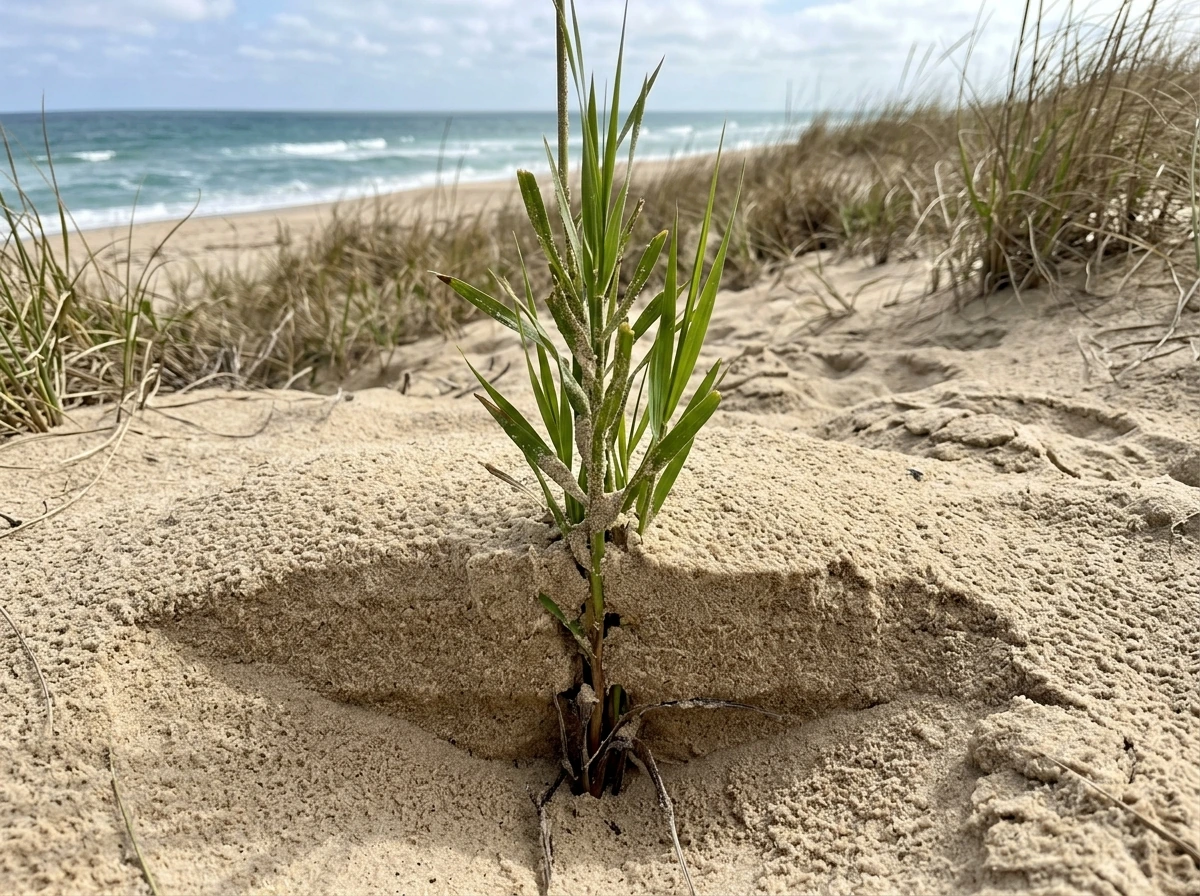 Sand burial response: beachgrass-like plant growing through freshly deposited sand