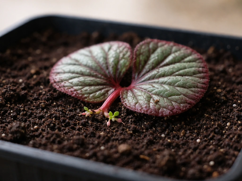 Close-up of a rex begonia leaf on moist soil with tiny roots and new growth sprouting.