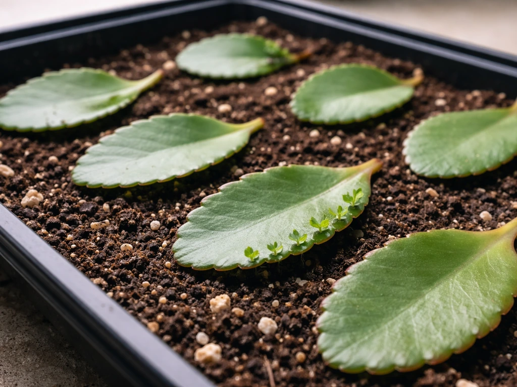 Kalanchoe leaves laid on moist well-draining soil in a propagation tray, with small plantlets forming.