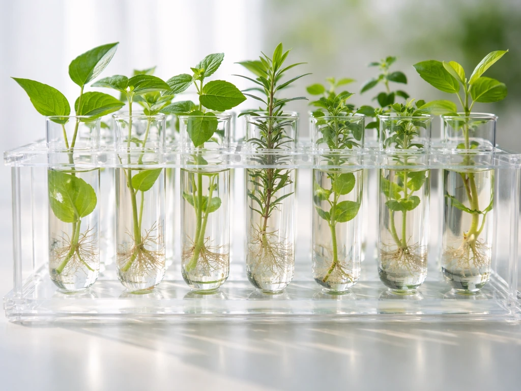 Assorted healthy tiny test-tube plants in clear glass tubes on a simple rack, vivid green cuttings and roots