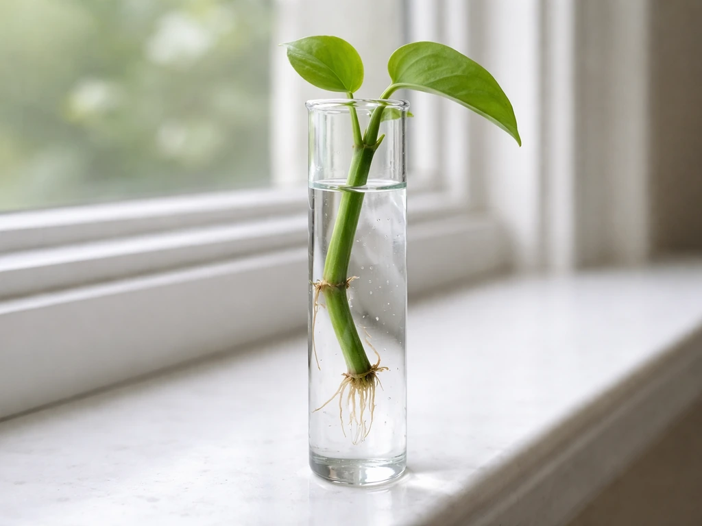 Pothos cutting in a clear test tube with nodes submerged and early roots forming in water.