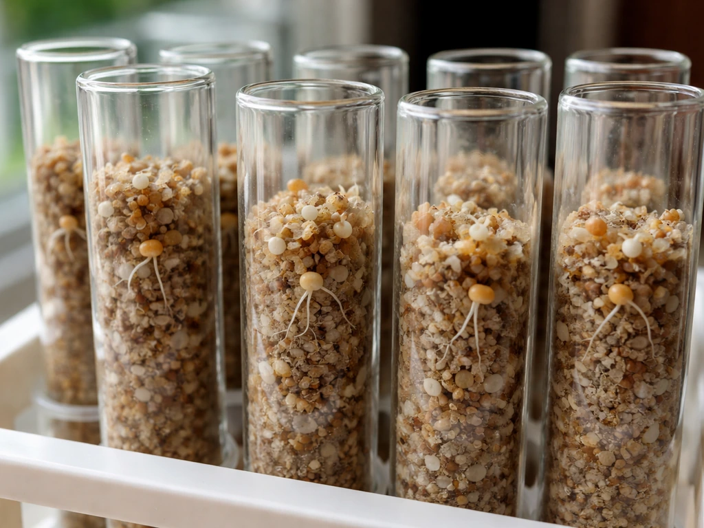 Close-up of test tubes with moist growth medium and tiny radicles emerging from germinating seeds.
