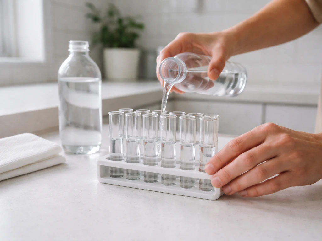 Hands fill clear test tubes with clean water to about halfway in a tidy, well-lit workspace.