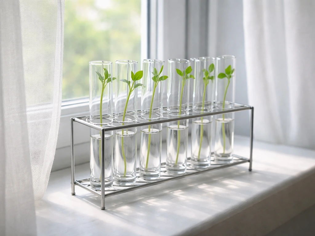 Test tubes in a vertical rack near a window, catching soft diffuse light for seedlings/cuttings.