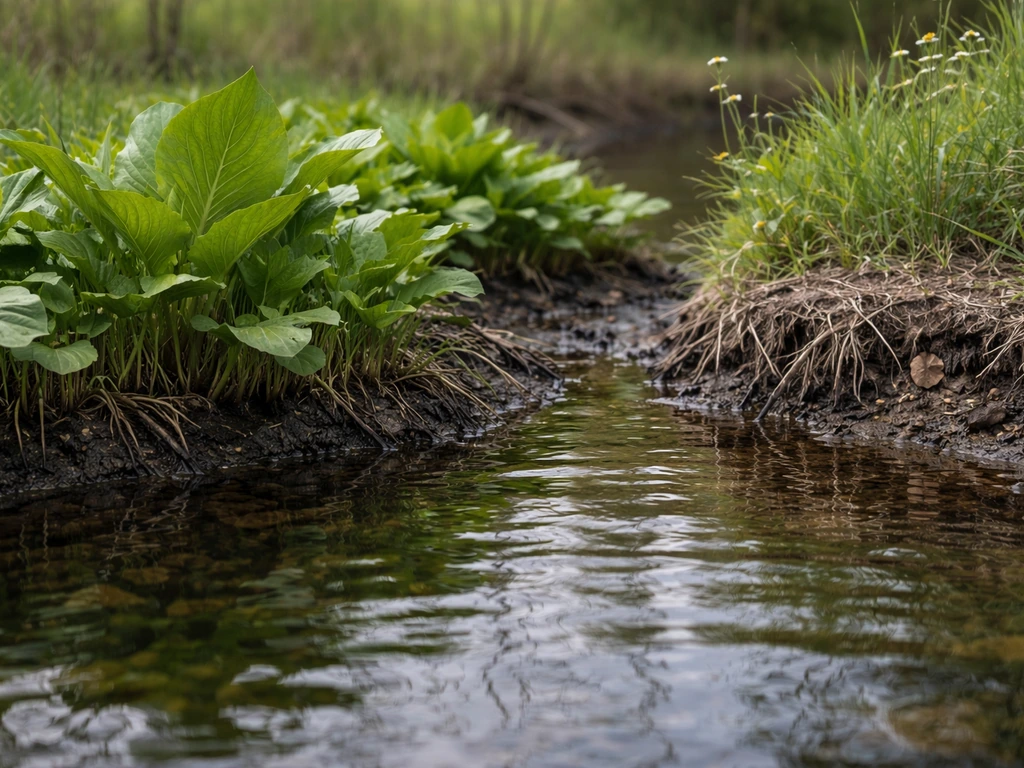 Wetland marsh plants with standing water and rooted hydrophytes, contrasting with drier non-wet plants nearby.