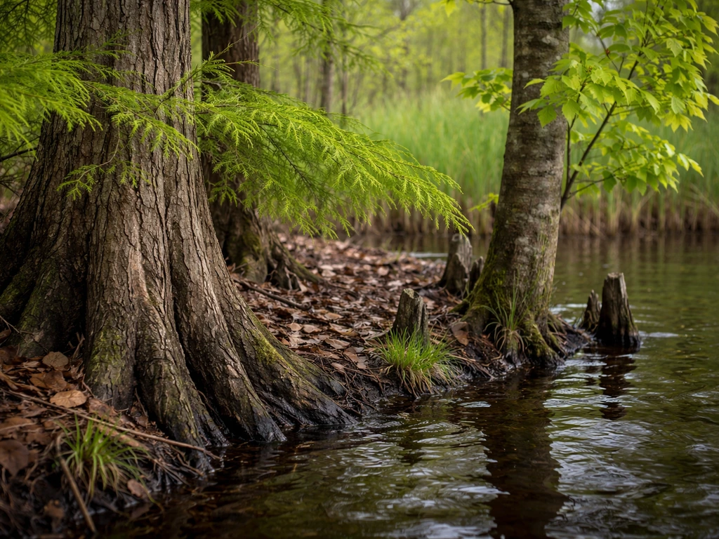 Bald cypress and red maple near a marsh shoreline, close-up of wet edge with reflections
