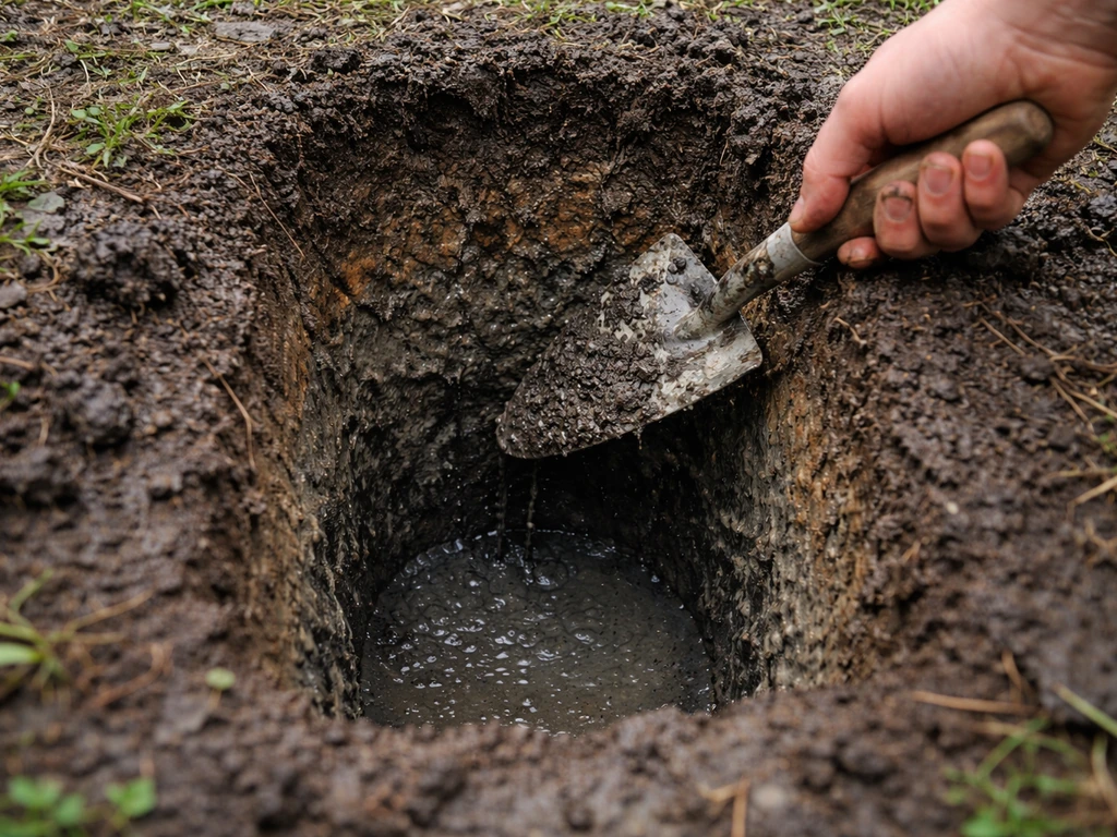 Small test hole in a wet garden area showing gray mottled anaerobic soil at the bottom.