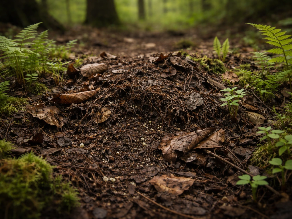Forest-floor patch with dark disturbed soil and fresh green shoots growing around decaying leaf litter.
