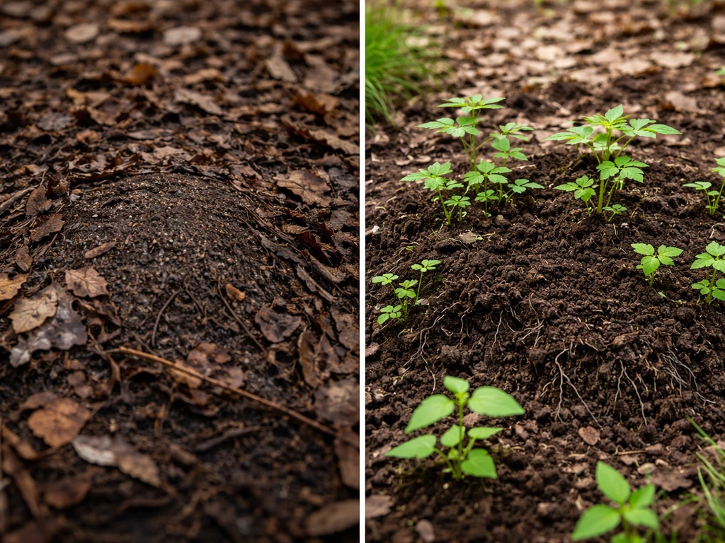 Green plants growing from disturbed soil around a fully obscured decomposition scene