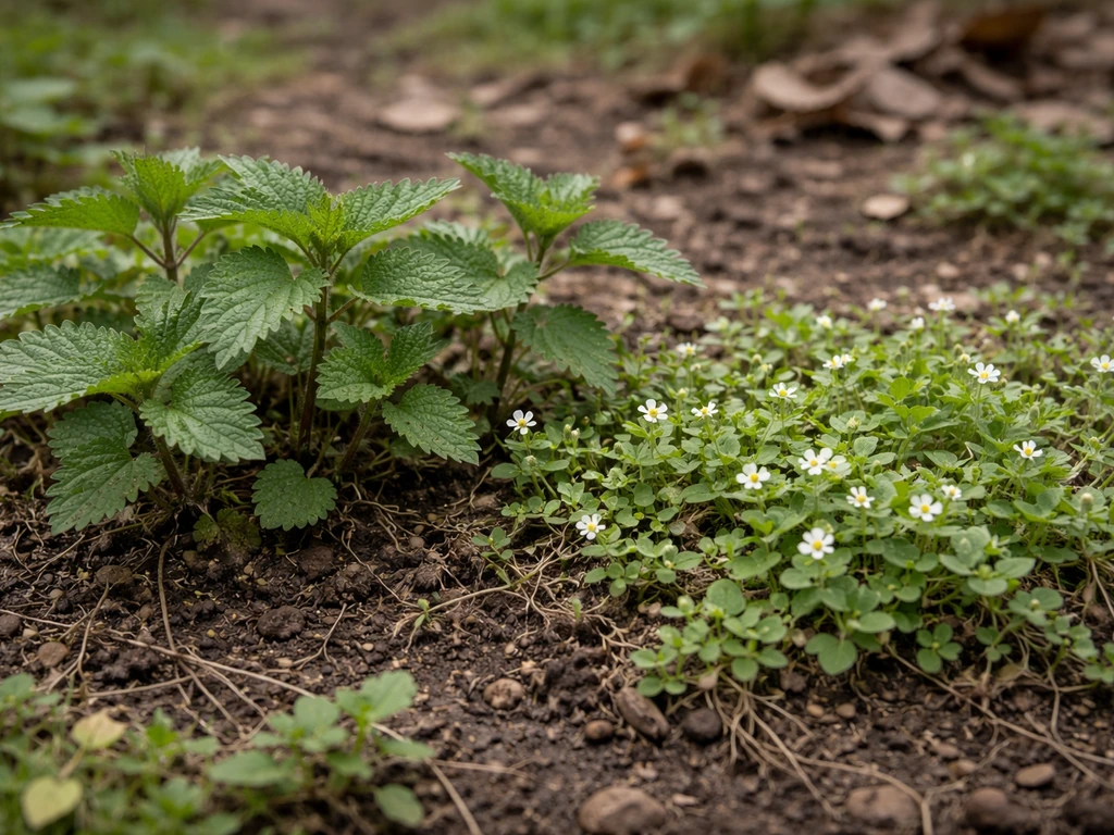 Close-up of early weeds—nettle-like leaves and chickweed-like mats—growing on disturbed nutrient-rich soil.