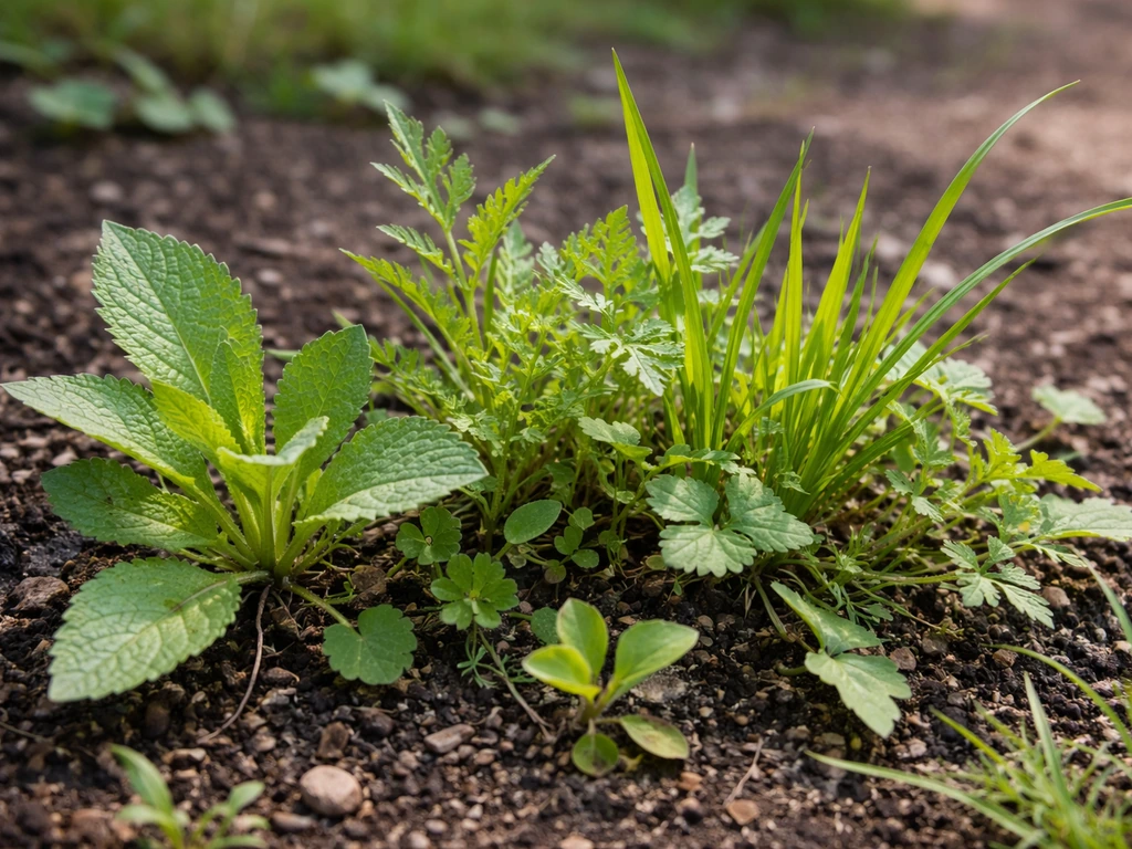Close-up of different weed leaves and growth forms emerging from dark moist soil in a garden bed.