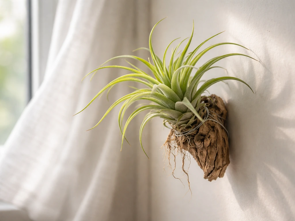 Close-up of a thriving air plant mounted near an east/west window with bright airy light and soft airflow.